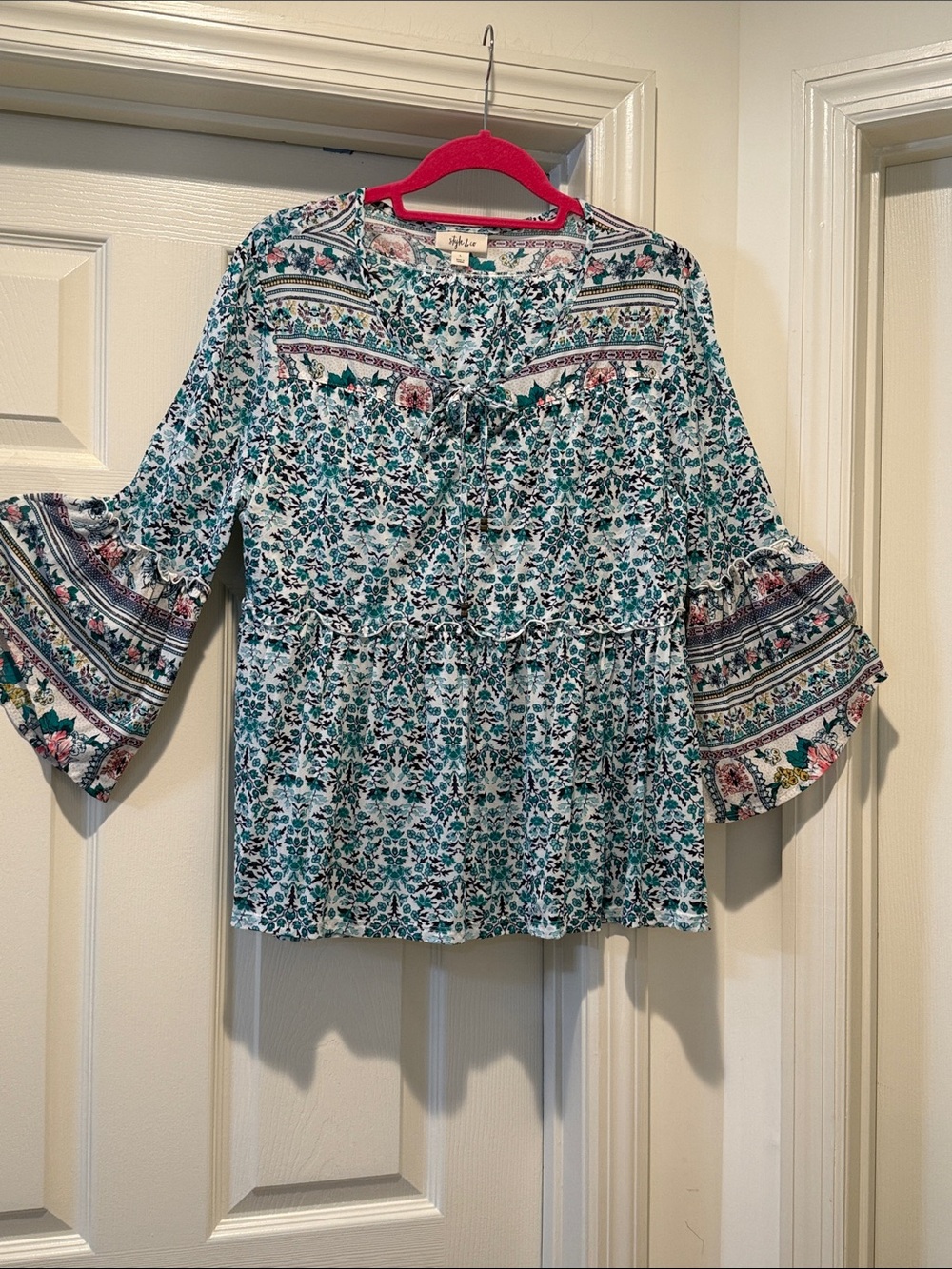 Boho Pheasant Babydoll Coastal Cowgirl Teal White Floral Bell-Sleeve Flowy 70s L